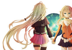 Rule 34 | 2girls, ahoge, aqua eyes, back, bare shoulders, belt, black legwear, blonde hair, braid, cevio, choker, collarbone, detached sleeves, dress, dying0414, hand on own chest, highres, holding hands, ia (vocaloid), interlocked fingers, long hair, long sleeves, looking at viewer, multicolored clothes, multicolored dress, multiple girls, off-shoulder shirt, off shoulder, one (cevio), pleated skirt, shirt, short hair with long locks, single sleeve, skirt, star (sky), tattoo, thighhighs, very long hair, vocaloid, white background, zipper
