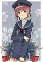 Rule 34 | 10s, 1girl, bad id, bad pixiv id, beret, blush, brown eyes, brown hair, cannon, clothes writing, dress, floral background, grey background, hat, kantai collection, personification, sailor collar, sailor dress, sailor hat, short hair, solo, torpedo, turret, umasanjin, z3 max schultz (kancolle)