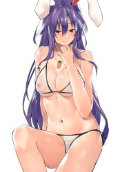 Rule 34 | 1girl, animal ears, asuzemu, bare arms, bare shoulders, bikini, blush, breasts, carrot necklace, collarbone, commentary request, covered erect nipples, hair between eyes, hand on own chin, hand up, jewelry, large breasts, long hair, looking at viewer, navel, necklace, purple hair, rabbit ears, red eyes, reisen udongein inaba, see-through, shiny skin, side-tie bikini bottom, sidelocks, simple background, sitting, smile, solo, stomach, swimsuit, thighs, touhou, very long hair, white background, white bikini
