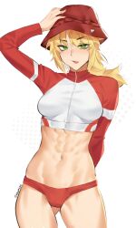 Rule 34 | 1girl, abs, absurdres, alternate color, alternate hairstyle, arm behind back, arm up, bikini, blonde hair, blue archive, breasts, breasts apart, bucket hat, cameltoe, commentary, cosplay, cowboy shot, deccatezu, english commentary, eyeshadow, fate/grand order, fate (series), gluteal fold, green eyes, groin, hair between eyes, halftone, halftone background, hand on headwear, hat, highres, long hair, long sleeves, low ponytail, makeup, medium breasts, messy hair, mordred (fate), navel, open mouth, parted bangs, pink eyeshadow, ponytail, rash guard, red bikini, red hat, saki (blue archive), saki (blue archive) (cosplay), saki (swimsuit) (blue archive), scowl, sidelocks, solo, sports bikini, standing, swimsuit, teeth, thighs, toned, turtleneck, twitter username, two-tone bikini, upper teeth only, v-shaped eyebrows, white background, white bikini, zipper