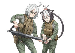 Rule 34 | 0 0, 2girls, :3, ahoge, ammunition, ammunition box, angry, animal ears, belt, black hair, body armor, boots, brown footwear, cat ears, cat tail, closed mouth, commentary, crew-served weapon, english commentary, frown, green jacket, green pants, gun, handgun, head bump, holding, holding pen, holster, jacket, jpc, leaning forward, long sleeves, m224 mortar, military, military uniform, mortar (weapon), motion lines, multicolored hair, multiple girls, original, pants, pen, scared, shadow, shell (projectile), short hair, silver hair, standing, tail, tearing up, two-tone hair, uniform, utility belt, weapon