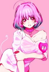 Rule 34 | 1girl, ahoge, aqua hair, arm under breasts, armpit crease, belt, belt collar, blush, bob cut, breasts, choker, cleavage, collar, collarbone, colored inner hair, commentary, earrings, fang, fingernails, hair between eyes, hair intakes, hand on own arm, heart-shaped lock, heart collar, highres, idolmaster, idolmaster cinderella girls, idolmaster cinderella girls starlight stage, jewelry, large breasts, leaning to the side, looking at viewer, multicolored hair, off-shoulder shirt, off shoulder, open mouth, pill earrings, pink background, pink belt, pink choker, pink collar, pink eyes, pink hair, pink theme, sakanao jousama, shirt, short sleeves, signature, simple background, single bare shoulder, single off shoulder, skeleton print, sketch, solo, t-shirt, tearing up, thighs, two-tone hair, white shirt, yumemi riamu
