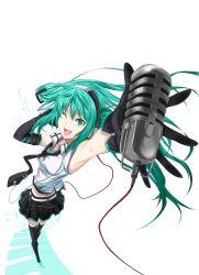 Rule 34 | 1girl, female focus, foreshortening, full body, gloves, green eyes, green hair, hatsune miku, highres, kuro (jyupiter), matching hair/eyes, microphone, one eye closed, smile, solo, thighhighs, twintails, vocaloid, white background, wink