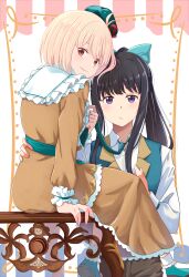 Rule 34 | 2girls, absurdres, black hair, blonde hair, blue bow, blue hat, blue vest, bow, brown dress, chai haru, closed mouth, collared shirt, commentary request, dress, expressionless, hair bow, hair ribbon, hand on another&#039;s waist, hat, highres, inoue takina, long hair, long sleeves, looking at viewer, lycoris recoil, medium hair, multiple girls, nishikigi chisato, ponytail, purple eyes, red eyes, red ribbon, ribbon, shirt, sitting, smile, vest, white shirt