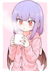 Rule 34 | 1girl, :o, alternate costume, bat wings, commentary request, cup, highres, holding, holding cup, hood, hood down, hooded pajamas, long hair, oninamako, open mouth, pajamas, pink pajamas, purple eyes, red eyes, red nails, remilia scarlet, simple background, slit pupils, solo, steam, touhou, upper body, wings