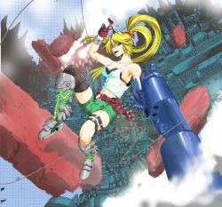 Rule 34 | 1girl, arm cannon, bare shoulders, black thighhighs, blonde hair, blue eyes, bow, character request, cigarette, city, destruction, fingerless gloves, gloves, hair bow, kaishin no catastrophe, leg armor, long hair, oozeki eishi, open mouth, ponytail, single thighhigh, smoke, solo, thighhighs, weapon