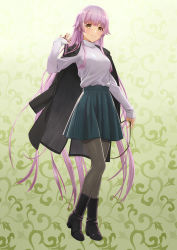 Rule 34 | 1girl, black footwear, black jacket, blouse, blue skirt, boots, breasts, brown eyes, closed mouth, commentary request, contemporary, full body, green background, grey pantyhose, hair between eyes, highres, jacket, jacket on shoulders, kantai collection, long hair, long sleeves, pantyhose, pleated skirt, purple hair, shirt, skirt, sleeves past wrists, small breasts, smile, solo, standing, tantaka, very long hair, white shirt, yura (kancolle)
