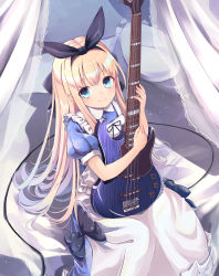 Rule 34 | 1girl, apron, bed, bed sheet, black bow, black ribbon, blonde hair, blue dress, blue eyes, blush, bow, cable, closed mouth, commentary request, dress, electric guitar, feet out of frame, guitar, hair ribbon, hair spread out, hands up, highres, holding, holding instrument, instrument, long hair, looking at viewer, mikan (13alice666), mononobe alice, mononobe alice (1st costume), nijisanji, on bed, pillow, puffy sleeves, ribbon, short sleeves, sidelocks, sitting, sleeve cuffs, smile, solo, virtual youtuber, white apron, white curtains