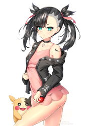 Rule 34 | 1girl, absurdres, aqua eyes, artist name, ass, asymmetrical bangs, asymmetrical hair, bare shoulders, black choker, black hair, black jacket, blush, breasts, character name, choker, collarbone, commentary request, creatures (company), dress, earrings, game freak, gen 8 pokemon, hair ribbon, highres, holding, holding poke ball, jacket, jewelry, long hair, long sleeves, looking at viewer, marnie (pokemon), morpeko, morpeko (full), nintendo, open clothes, pink dress, poke ball, poke ball (basic), pokemon, pokemon (creature), pokemon swsh, red ribbon, renroujiang, ribbon, simple background, twintails, two-tone background, white background