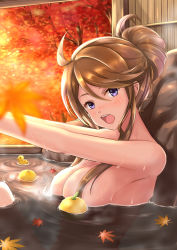 Rule 34 | 1girl, blue eyes, blush, breasts, brown hair, convenient censoring, fruit, hair censor, hair over breasts, highres, idolmaster, idolmaster million live!, leaf, long hair, maple leaf, medium breasts, nude, onsen, open mouth, outdoors, outstretched arms, partially submerged, ripples, rubber duck, solo, tokoro megumi, yuzu, yuzu (fruit), yuzuyu (hyui)