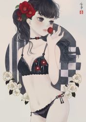 Rule 34 | 1girl, arm behind back, black bra, black choker, black hair, black panties, bra, breasts, camellia, checkered background, choker, circle, commentary request, cowboy shot, floral print, flower, grey background, hair flower, hair ornament, hand up, highres, holding, holding flower, lace, lace-trimmed bra, lace-trimmed panties, lace trim, lingerie, long hair, looking away, looking to the side, original, outside border, panties, parted lips, print bra, purple eyes, red flower, ribbon choker, seal impression, side-tie panties, signature, small breasts, solo, standing, striped, striped background, underwear, underwear only, ushiyama ame, wavy hair, white flower, yagasuri