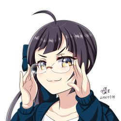 Rule 34 | 1girl, ahoge, artist name, blue jacket, collarbone, dated, fujinami (kancolle), hands on eyewear, jacket, kantai collection, long hair, long sleeves, official alternate costume, open clothes, open jacket, purple hair, side ponytail, signature, simple background, smile, smug, solo, tk8d32, upper body, white background, yellow eyes