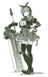 Rule 34 | 1girl, arm at side, assault lily, blush, boots, bow, breasts, button gap, buttons, commentary, cropped jacket, frilled skirt, frills, full body, garter straps, greyscale, hair between eyes, hair bow, hair over shoulder, hand on own hip, high-waist skirt, highres, huge weapon, juliet sleeves, knee boots, long hair, long sleeves, looking at viewer, low twintails, medium breasts, miniskirt, monochrome, neck ribbon, open mouth, planted, planted sword, planted weapon, puffy sleeves, ribbon, school uniform, shirt, simple background, skirt, smile, solo, standing, sword, thighhighs, thighhighs under boots, tsukinami kousuke, twintails, weapon, white background, yamanashi hibari, yurigaoka girls academy school uniform, zettai ryouiki