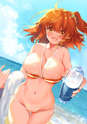 Rule 34 | 1girl, :d, bare arms, bikini, blue sky, blush, bottle, breasts, cleavage, collarbone, commentary request, cowboy shot, day, dutch angle, fate/grand order, fate (series), fujimaru ritsuka (female), fujimaru ritsuka (female) (brilliant summer), halterneck, highres, holding, holding bottle, horizon, large breasts, looking at viewer, lowleg, lowleg bikini, ocean, official alternate costume, one side up, open mouth, orange bikini, orange eyes, orange hair, outdoors, outstretched arm, pov, ruri rarako, short hair, sky, smile, solo, striped bikini, striped clothes, swimsuit, thigh gap, towel, water, water bottle