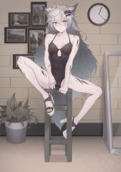Rule 34 | 1girl, absurdres, animal ears, arknights, bare arms, bare legs, bare shoulders, black nails, black one-piece swimsuit, breasts, casual one-piece swimsuit, cleavage, clock, collarbone, dated, full body, hair ornament, hairclip, high heels, highres, huge filesize, indoors, lappland (arknights), long hair, looking at viewer, material growth, messy hair, mirror, nail polish, one-piece swimsuit, oripathy lesion (arknights), photo (object), plant, platform footwear, potted plant, saw272, scar, scar across eye, scar on face, sitting, small breasts, solo, spread legs, stool, swimsuit, toenail polish, toenails, very long hair, white footwear, wolf ears