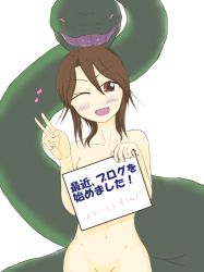 Rule 34 | 1girl, blush, brown eyes, brown hair, kaname (artist), looking at viewer, nude, one eye closed, open mouth, original, simple background, smile, snake, translated, v, white background, wink