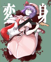 Rule 34 | 1girl, blood, blood splatter, buttons, closed mouth, collared dress, commentary request, cookie (touhou), dress, electric guitar, frown, full body, green background, guitar, hat, hat ribbon, highres, hisaka (cookie), holding, holding instrument, instrument, jumping, looking to the side, mary janes, mob cap, music, niconico id, pink dress, playing instrument, purple eyes, purple hair, red footwear, red ribbon, remilia scarlet, ribbon, shimosuke, shoes, short hair, short sleeves, socks, solo, touhou, white socks