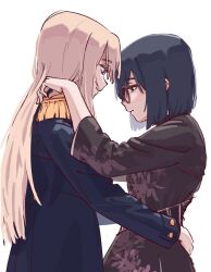 Rule 34 | 2girls, black dress, black hair, blonde hair, blue coat, closed mouth, coat, commentary, dancing, dress, egakuning, english commentary, epaulettes, from side, glasses, hand on another&#039;s shoulder, hand on another&#039;s waist, highres, kamikoshi sorawo, long hair, long sleeves, looking at another, multiple girls, nishina toriko, photo-referenced, profile, short hair, simple background, smile, urasekai picnic, white background, yuri
