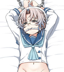 Rule 34 | 1girl, aqua neckerchief, arms up, bed sheet, blue hair, blue sailor collar, bottomless, bound, bound wrists, brown eyes, chain, commentary request, gag, gagged, gradient hair, grey hair, hat, hirato (kancolle), kantai collection, looking at viewer, lying, moti coi, multicolored hair, neckerchief, on back, sailor collar, school uniform, serafuku, solo, upper body, white hat