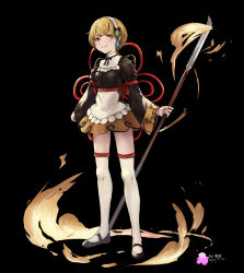 Rule 34 | 1girl, artist name, black background, black footwear, black ribbon, blonde hair, clenched hand, dated, full body, hair ornament, hairband, highres, holding naginata, long sleeves, looking at viewer, naginata, orange eyes, original, parted lips, polearm, ribbon, short hair, simple background, skirt, solo, standing, thighhighs, weapon, white hairband, zhi xu