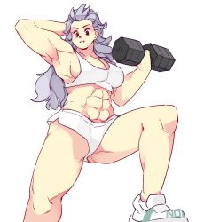 Rule 34 | 1girl, abs, arm behind head, armpits, bra, breasts, dorohedoro, dumbbell, earrings, exercising, grey hair, jewelry, large breasts, long hair, looking at viewer, micro shorts, muscular, muscular female, noi (dorohedoro), parted lips, red eyes, rtil, shoes, shorts, simple background, smile, solo, sports bra, underwear, weightlifting, white background, white bra, white footwear, white shorts