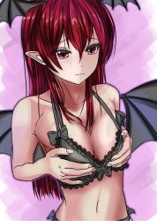 Rule 34 | blush, bra, breasts, cleavage, embodiment of scarlet devil, head wings, highres, kitaura kasumi, koakuma, lace, lace-trimmed bra, lace trim, navel, pointy ears, purple background, red eyes, red hair, slit pupils, solo, touhou, underwear, wings