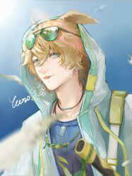 1boy :3 absurdres ahoge animal_ears arknights bird blonde_hair blue_eyes blue_vest chinese_commentary collarbone dog_boy dog_ears ear_piercing earrings eyewear_on_head gradient_background green-tinted_eyewear green_rope hair_between_eyes highres hood hood_up hooded_jacket jacket jewelry looking_at_viewer male_focus messy_hair multiple_necklaces necklace piercing rope seagull shiyipituojiangdeyema solo solo_focus sunglasses sword tequila_(arknights) thick_eyebrows tinted_eyewear tongue tongue_out translation_request vest weapon white_jacket yellow_rope