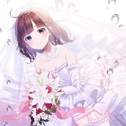 Rule 34 | 1girl, album cover, bare shoulders, bouquet, breasts, bridal veil, brown hair, closed mouth, commentary request, cover, detached sleeves, dress, flower, frilled thighhighs, frills, grey eyes, holding, holding bouquet, jewelry, long sleeves, myusha, necklace, nijisanji, pearl necklace, red flower, red rose, rose, see-through, small breasts, smile, solo, strapless, strapless dress, suzuka utako, thighhighs, tiara, veil, virtual youtuber, water drop, wedding dress, white dress, white flower, white rose, white sleeves, white thighhighs