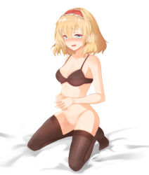 Rule 34 | 1girl, alice margatroid, bad id, bad pixiv id, black bra, black thighhighs, blonde hair, blue eyes, blush, bottomless, bra, breasts, collarbone, full body, hairband, highres, kneeling, lolita hairband, looking at viewer, no panties, on bed, open mouth, pussy, septet (zrca janne), short hair, simple background, solo, tears, thighhighs, touhou, uncensored, underwear, underwear only, white background