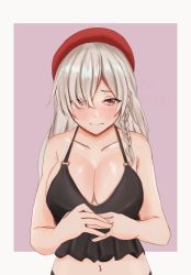 Rule 34 | 1girl, bare shoulders, beret, black shirt, blush, braid, breasts, cleavage, closed mouth, collarbone, g36c (girls&#039; frontline), girls&#039; frontline, hair between eyes, hair over eyes, hand on hand, hat, long hair, looking at viewer, medium breasts, navel, red eyes, red hat, shirt, silver hair, simple background, solo, taishi karibe