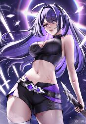 Rule 34 | 1girl, acheron (honkai: star rail), ahoge, bare arms, bare shoulders, belt, black belt, black shirt, black shorts, breasts, cleavage, commentary, cowboy shot, crop top, hair intakes, highres, holding, honkai: star rail, honkai (series), large breasts, long hair, looking at viewer, midriff, navel, parted lips, pink lips, purple eyes, purple hair, shirt, short shorts, shorts, sleeveless, sleeveless shirt, solleen, solo, standing, stomach, thighs, very long hair