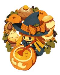 Rule 34 | 1girl, blonde hair, blue dress, blue eyes, blue hat, blunt bangs, blush stickers, bow, cauldron, chibi, cupcake, dress, food, hat, hat bow, holding, holding spoon, jack-o&#039;-lantern, juliet sleeves, kokuzu, long hair, long sleeves, lowres, open mouth, orange bow, puffy sleeves, pumpkin, puyopuyo, smile, solo, spoon, stirring, transparent background, witch, witch (puyopuyo), witch hat