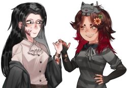 Rule 34 | + +, 2girls, animal, animal on head, artist name, bracelet, breasts, buttons, cat, creature and personification, eyelashes, eyeliner, flower, freckles, friends, glasses, hair flower, hair ornament, injury, jacket, jewelry, jouken1douji, lace, light smile, long hair, long sleeves, looking at another, makeup, medium breasts, moon (symbol), multicolored hair, multiple girls, nail polish, on head, open clothes, open jacket, original, shirt, signature, simple background, sleeping, smile, star (symbol), striped clothes, striped shirt, sun symbol, tongue, tongue out, upper body, white background