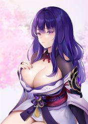 Rule 34 | 1girl, bad id, bad pixiv id, blurry, blurry background, blush, breasts, bridal gauntlets, cleavage, closed mouth, commentary request, depth of field, fingernails, genshin impact, highres, japanese clothes, kimono, kimono pull, large breasts, long fingernails, long hair, long sleeves, looking at viewer, nail polish, obi, off shoulder, pink background, pink nails, purple eyes, purple hair, purple kimono, raiden shogun, san zhi chun, sash, short kimono, shrug (clothing), sitting, smile, smug, solo, tassel, vision (genshin impact), wide sleeves
