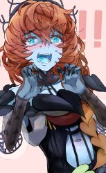 Rule 34 | !, !!, 1girl, absurdres, black hat, black sleeves, blue eyes, blue skin, blue tongue, blush, brown hair, claw pose, claws, colored skin, colored tongue, crying, crying with eyes open, fangs, fate/grand order, fate (series), hat, heart, heart print, highres, navel, open mouth, pink background, shimogamo (shimomo 12), simple background, solo, tears, teeth, upper body, van gogh (fate)