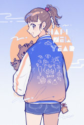 Rule 34 | 1girl, 2019, animal, bad id, bad tumblr id, boar, brown eyes, brown hair, circle, cowboy shot, english text, flower, from behind, gradient background, gradient jacket, hair flower, hair ornament, happy new year, highres, jacket, kisaragi yuu (fallen sky), looking at viewer, new year, original, ponytail, print jacket, red flower, shorts, signature, smile, solo, tusks