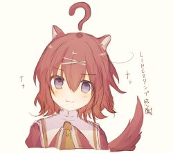 Rule 34 | 1girl, :3, ?, amairo islenauts, animal ears, blue eyes, blush, close-up, closed mouth, commentary request, confused, eyes visible through hair, hair between eyes, hair ornament, head tilt, konoquro, looking at viewer, masaki gaillard, medium hair, necktie, red hair, red tail, school uniform, simple background, sketch, solo, sparkle, tail, translated, white background, wing collar, wolf ears, wolf tail, x hair ornament, yellow necktie