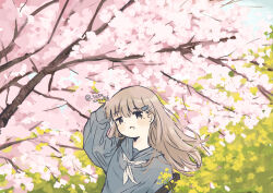 Rule 34 | 1girl, :d, absurdres, black eyes, blue sailor collar, blue shirt, blush, cherry blossoms, day, dot nose, floating hair, hair ornament, hairclip, hairpin, hand on own head, highres, light brown hair, long hair, looking at viewer, neckerchief, open mouth, original, outdoors, sailor collar, sasaxxxx06, school uniform, shirt, sidelocks, smile, solo, straight hair, strap slip, tree, twitter username, upper body, white neckerchief