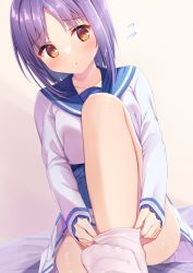 Rule 34 | 1girl, bed sheet, blue sailor collar, blush, bra-ban!, breasts, brown eyes, collarbone, commentary request, commission, flying sweatdrops, highres, knee up, long sleeves, mikage sumi, no shoes, parted bangs, parted lips, pixiv commission, pleated skirt, purple hair, sailor collar, segaxtu, shirt, sitting, skirt, sleeves past wrists, small breasts, sock pull, socks, solo, white shirt, white skirt, white socks