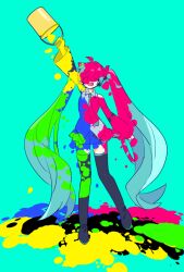 Rule 34 | 1girl, aqua background, aqua hair, boots, bucket, check commentary, closed eyes, collared shirt, commentary, commentary request, detached sleeves, full body, hair ornament, hatsune miku, headset, holding, holding bucket, long hair, long sleeves, miniskirt, necktie, open mouth, paint, paint splatter, shirt, skirt, sleeveless, sleeveless shirt, smile, solo, standing, thigh boots, twintails, very long hair, vocaloid, yoshiki