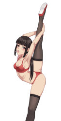 Rule 34 | 1girl, arched back, armpits, arms up, ass, bad id, bad pixiv id, bare arms, bare shoulders, black legwear, blunt bangs, blush, breasts, brown eyes, brown hair, candy, chinese commentary, cleavage, commentary, exercising, flexible, food, food in mouth, leg up, lollipop, long hair, low twintails, mool yueguang, mouth hold, open mouth, original, red footwear, sidelocks, simple background, small breasts, solo, split, sports bra, standing, standing on one leg, standing split, twintails, white background