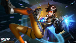 Rule 34 | 1girl, artist name, blurry, brown eyes, brown hair, brown jacket, building, character name, depth of field, dual wielding, emblem, firing, glowing, goggles, gun, highres, holding, holding gun, holding weapon, jacket, legs apart, liang xing, long sleeves, looking at viewer, outdoors, overwatch, overwatch 1, pants, parted lips, red lips, shoes, short hair, signature, smile, solo, teeth, thigh strap, tracer (overwatch), watermark, weapon, web address, white footwear, yellow pants