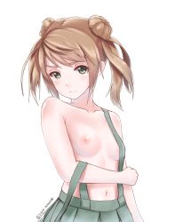 Rule 34 | 10s, 1girl, artist name, bad id, bad pixiv id, black eyes, breasts, brown hair, closed mouth, collarbone, disco brando, double bun, hair bun, highres, kantai collection, looking at viewer, michishio (kancolle), naked suspenders, navel, nipples, pleated skirt, short hair, simple background, skirt, small breasts, solo, suspender skirt, suspenders, suspenders slip, topless, twintails, upper body, white background