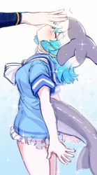 Rule 34 | 10s, blue background, blue hair, blush, cetacean tail, choker, closed eyes, common bottlenose dolphin (kemono friends), fins, fish tail, from side, gradient background, grey hair, head fins, headpat, kemono friends, multicolored hair, sailor collar, short sleeves, solo focus, sparkle, tail, fish tail, tanaka kusao, white background, white choker, white hair