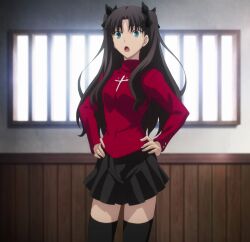 Rule 34 | 1girl, black hair, black ribbon, black skirt, black thighhighs, blue eyes, fate/stay night, fate (series), hands on own hips, highres, inner thighs, long hair, open mouth, pleated skirt, ribbon, screencap, skirt, sweater, thighhighs, third-party edit, tohsaka rin, turtleneck, turtleneck sweater, twintails, two side up
