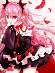 Rule 34 | 10s, 1girl, bad id, bad pixiv id, bare shoulders, detached collar, detached sleeves, feathers, gothic lolita, krul tepes, leaf, lolita fashion, long hair, owari no seraph, pink hair, pointy ears, red eyes, solo, vampire, very long hair