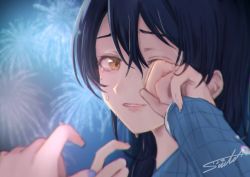 Rule 34 | 1girl, blue hair, blush, commentary request, crying, crying with eyes open, finger to eye, fireworks, hand up, highres, long hair, long sleeves, love live!, love live! school idol project, one eye closed, outdoors, rubbing eyes, solo focus, sonoda umi, suito, swept bangs, tears, wiping tears, yellow eyes