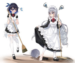 Rule 34 | 2girls, :o, apron, black dress, blue eyes, blue hair, blush, breasts, bronya zaychik, broom, commentary request, dress, drill hair, full body, ginklaga, grey eyes, hair between eyes, hair ornament, hairband, holding, holding broom, honkai (series), honkai impact 3rd, long hair, long sleeves, looking at viewer, maid, maid apron, maid headdress, mary janes, medium breasts, multiple girls, puffy short sleeves, puffy sleeves, red ribbon, ribbon, seele vollerei, shoes, short dress, short hair, short sleeves, silver hair, single shoe, standing, standing on one leg, thighhighs, twin drills, wet, wet clothes, wet floor, white legwear