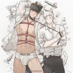 Rule 34 | 2boys, abs, anal beads, animal ears, bara, bare pectorals, bishounen, briefs, bulge, cat boy, cat ears, cat tail, couple, cowboy shot, dog boy, dog ears, dog tail, eye contact, heart, highres, large pectorals, leash, leash pull, looking at another, male focus, male underwear, multiple boys, muscular, muscular male, na-eun (ejdbvaaqup08jfy), navel, nipples, no pants, open clothes, open shirt, original, pectoral bondage, pectorals, red rope, rope, sex toy, shibari, short hair, sideburns, standing, stomach, sweat, tail, thick eyebrows, underwear, white background, yaoi