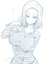 Rule 34 | android 18, breasts squeezed together, breasts, dragon ball, fue (rhomphair), large breasts, monochrome, short hair